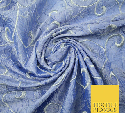 Luxury ICE BLUE Ornate Scroll Embroidered Crushed 100% PURE SILK Fabric 46" 4546