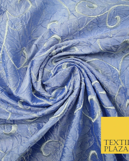 Luxury ICE BLUE Ornate Scroll Embroidered Crushed 100% PURE SILK Fabric 46" 4546