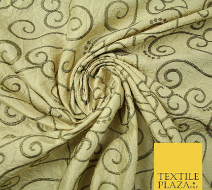 Luxury GOLD Ornate Swirl Hearts Embroidered Crushed 100% PURE SILK Fabric 4544
