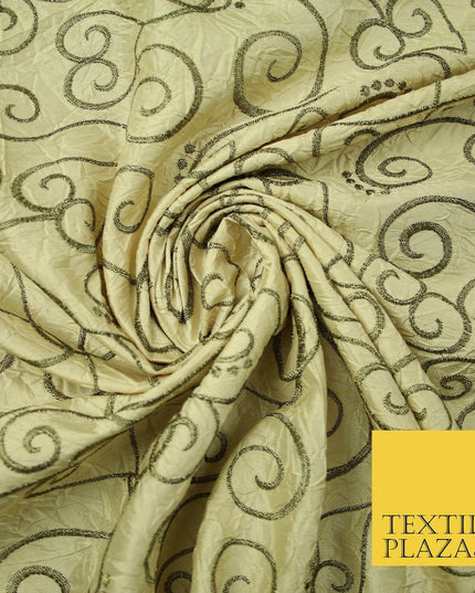 Luxury GOLD Ornate Swirl Hearts Embroidered Crushed 100% PURE SILK Fabric 4544