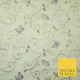 Luxury IVORY Butterfly Gold Swirls Embroidered 100% PURE SILK Fabric 48" 4542
