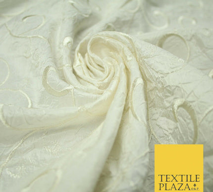 Luxury IVORY Ornate Scroll Embroidered Crushed 100% PURE SILK Fabric 46" 4547