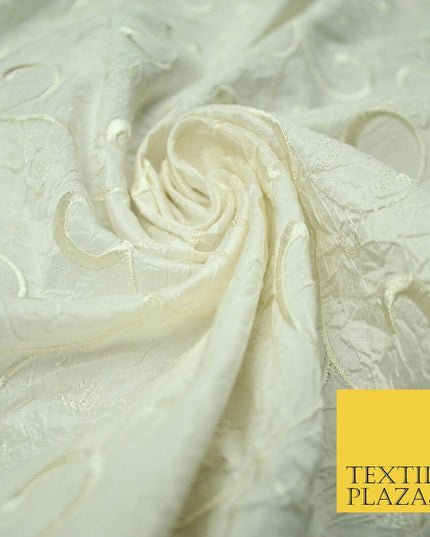 Luxury IVORY Ornate Scroll Embroidered Crushed 100% PURE SILK Fabric 46" 4547