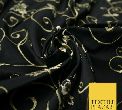 Luxury JET BLACK Butterfly Swirls Embroidered 100% PURE SILK Fabric 45" 4539