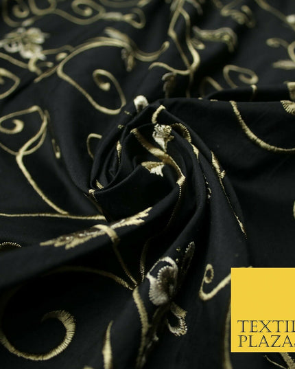 Luxury JET BLACK Butterfly Swirls Embroidered 100% PURE SILK Fabric 45" 4539