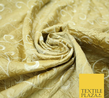 Luxury GOLD Ornate Scroll Embroidered Crushed 100% PURE SILK Fabric 46" 4545
