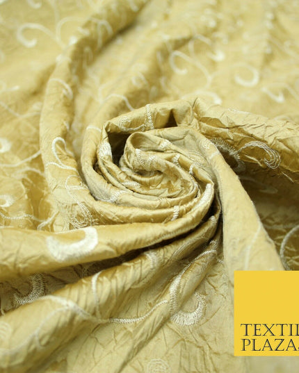 Luxury GOLD Ornate Scroll Embroidered Crushed 100% PURE SILK Fabric 46" 4545