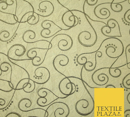 Luxury GOLD Ornate Swirl Hearts Embroidered Crushed 100% PURE SILK Fabric 4544