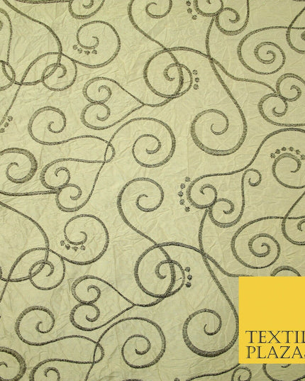 Luxury GOLD Ornate Swirl Hearts Embroidered Crushed 100% PURE SILK Fabric 4544