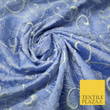Luxury ICE BLUE Ornate Scroll Embroidered Crushed 100% PURE SILK Fabric 46" 4546