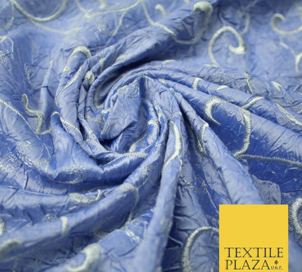 Luxury ICE BLUE Ornate Scroll Embroidered Crushed 100% PURE SILK Fabric 46" 4546