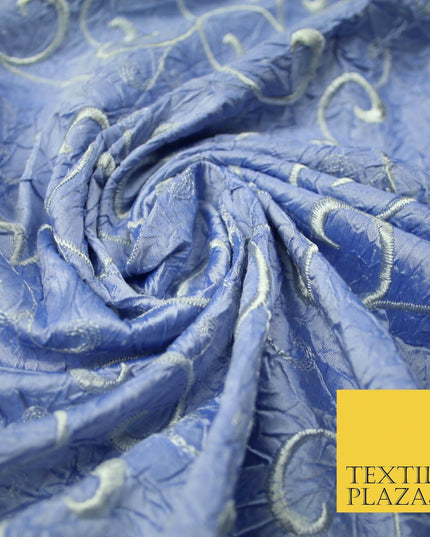 Luxury ICE BLUE Ornate Scroll Embroidered Crushed 100% PURE SILK Fabric 46" 4546