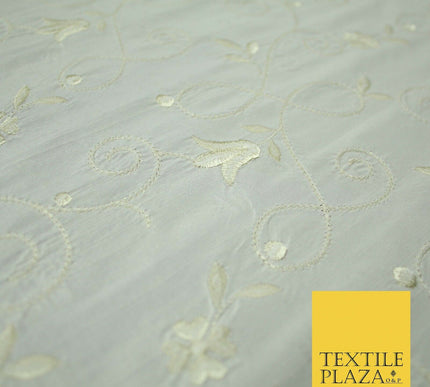 Luxury Ivory Cream Embroidered Floral Leaf Stem 100% PURE SILK Fabric 48" 4561