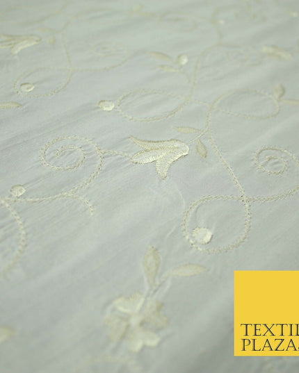 Luxury Ivory Cream Embroidered Floral Leaf Stem 100% PURE SILK Fabric 48" 4561