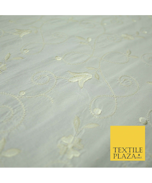 Luxury Ivory Cream Embroidered Floral Leaf Stem 100% PURE SILK Fabric 48" 4561