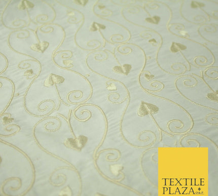 Luxury Ivory Intricate Floral Spade Leaf Embroidered 100% PURE SILK Fabric 4559