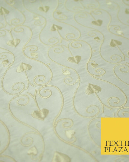 Luxury Ivory Intricate Floral Spade Leaf Embroidered 100% PURE SILK Fabric 4559