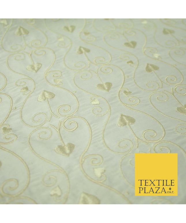 Luxury Ivory Intricate Floral Spade Leaf Embroidered 100% PURE SILK Fabric 4559