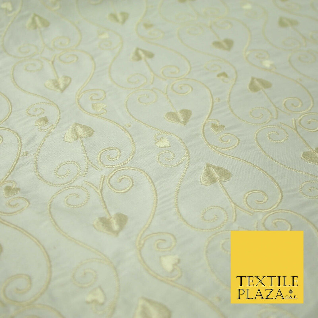 Luxury Ivory Intricate Floral Spade Leaf Embroidered 100% PURE SILK Fabric 4559