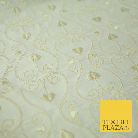 Luxury Ivory Intricate Floral Spade Leaf Embroidered 100% PURE SILK Fabric 4559