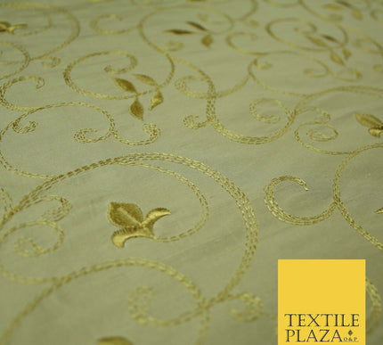 Luxury Magnolia Gold Embroidered Floral Leaf Stem 100% PURE SILK Fabric 44" 4560