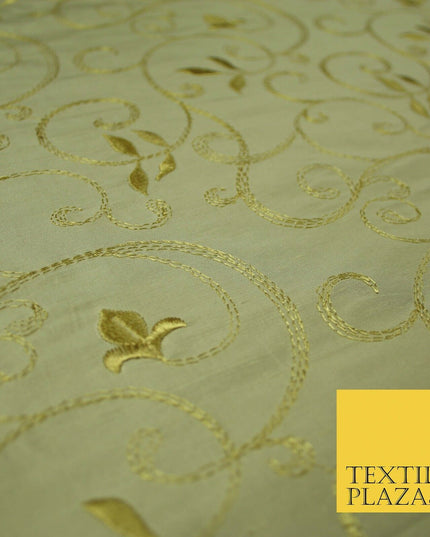 Luxury Magnolia Gold Embroidered Floral Leaf Stem 100% PURE SILK Fabric 44" 4560