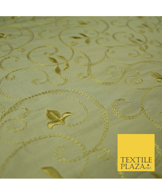 Luxury Magnolia Gold Embroidered Floral Leaf Stem 100% PURE SILK Fabric 44" 4560