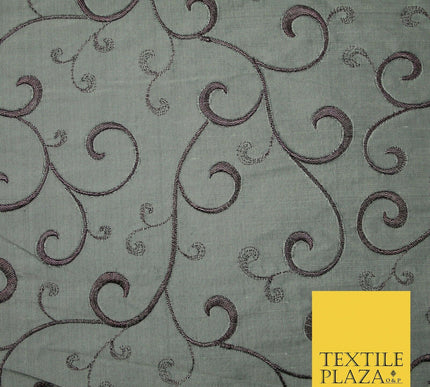 Luxury Silver Mauve Floral Scroll Embroidered 100% PURE SILK Fabric 45" 4557