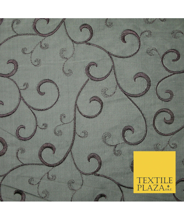 Luxury Silver Mauve Floral Scroll Embroidered 100% PURE SILK Fabric 45" 4557