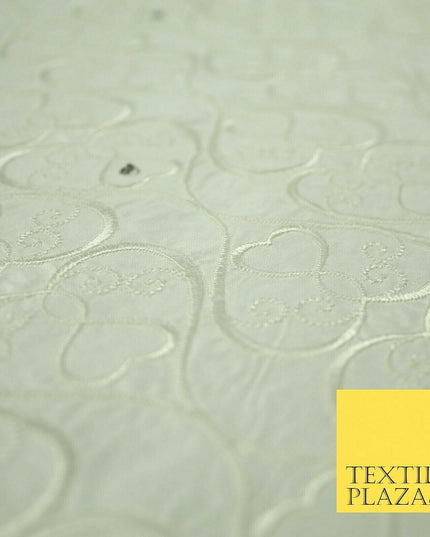 Luxury Ivory Floral Heart Swirl SWAROVSKI Embroidered 100% PURE SILK Fabric 4558