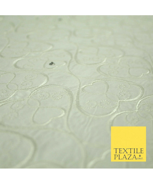 Luxury Ivory Floral Heart Swirl SWAROVSKI Embroidered 100% PURE SILK Fabric 4558