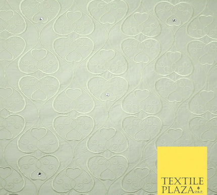 Luxury Ivory Floral Heart Swirl SWAROVSKI Embroidered 100% PURE SILK Fabric 4558