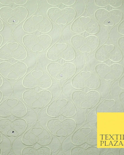 Luxury Ivory Floral Heart Swirl SWAROVSKI Embroidered 100% PURE SILK Fabric 4558
