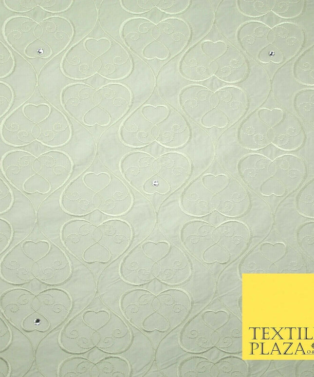 Luxury Ivory Floral Heart Swirl SWAROVSKI Embroidered 100% PURE SILK Fabric 4558
