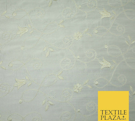 Luxury Ivory Cream Embroidered Floral Leaf Stem 100% PURE SILK Fabric 48" 4561