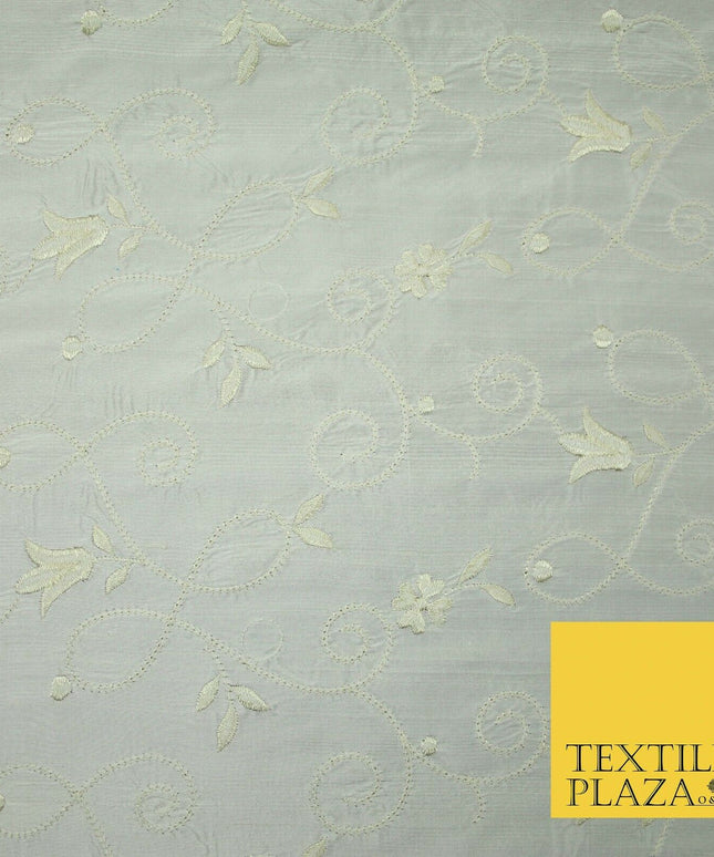 Luxury Ivory Cream Embroidered Floral Leaf Stem 100% PURE SILK Fabric 48" 4561