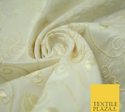 Luxury Ivory Intricate Floral Spade Leaf Embroidered 100% PURE SILK Fabric 4559