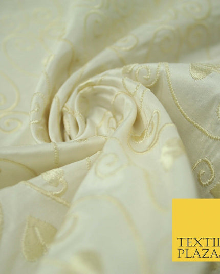Luxury Ivory Intricate Floral Spade Leaf Embroidered 100% PURE SILK Fabric 4559