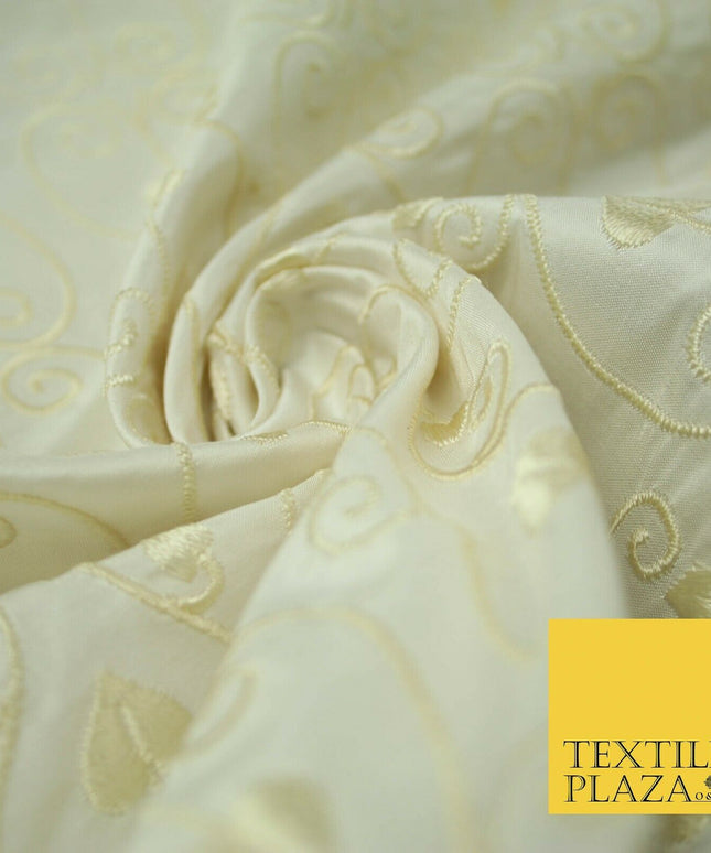 Luxury Ivory Intricate Floral Spade Leaf Embroidered 100% PURE SILK Fabric 4559
