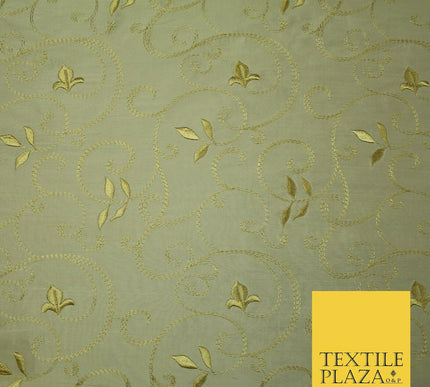 Luxury Magnolia Gold Embroidered Floral Leaf Stem 100% PURE SILK Fabric 44" 4560