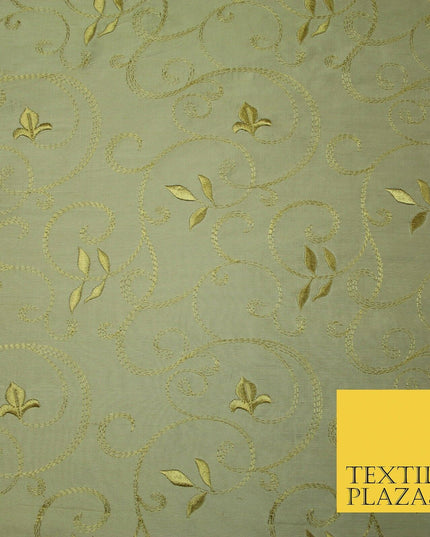 Luxury Magnolia Gold Embroidered Floral Leaf Stem 100% PURE SILK Fabric 44" 4560