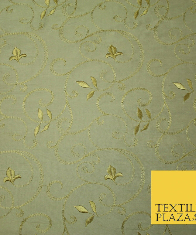 Luxury Magnolia Gold Embroidered Floral Leaf Stem 100% PURE SILK Fabric 44" 4560