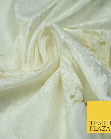 Luxury Ornate Jacquard Ivory Motif Embroidered 100% PURE SILK Fabric Furnishing