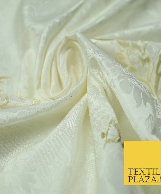 Luxury Ornate Jacquard Ivory Motif Embroidered 100% PURE SILK Fabric Furnishing
