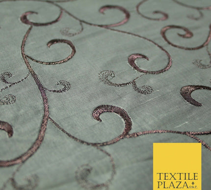 Luxury Silver Mauve Floral Scroll Embroidered 100% PURE SILK Fabric 45" 4557