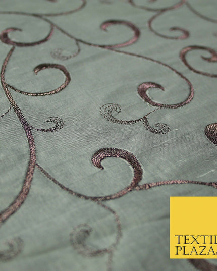 Luxury Silver Mauve Floral Scroll Embroidered 100% PURE SILK Fabric 45" 4557