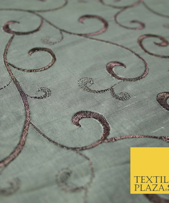 Luxury Silver Mauve Floral Scroll Embroidered 100% PURE SILK Fabric 45" 4557