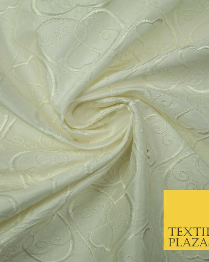 Luxury Ivory Floral Heart Swirl SWAROVSKI Embroidered 100% PURE SILK Fabric 4558