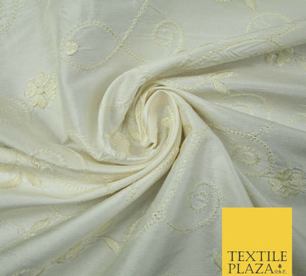 Luxury Ivory Cream Embroidered Floral Leaf Stem 100% PURE SILK Fabric 48" 4561