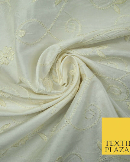 Luxury Ivory Cream Embroidered Floral Leaf Stem 100% PURE SILK Fabric 48" 4561
